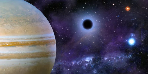 Kara delik, nebula ve sta yakınlarındaki gezegenin uzay kozmik manzarası — Stok fotoğraf