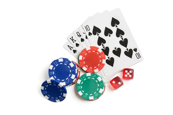 Top view on dices, chips and gaming cards isolated — Stock Photo, Image