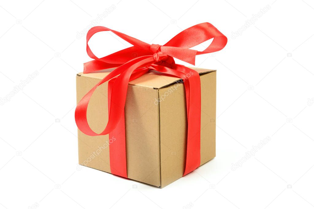 Cardboard gift box with red ribbon bow isolated