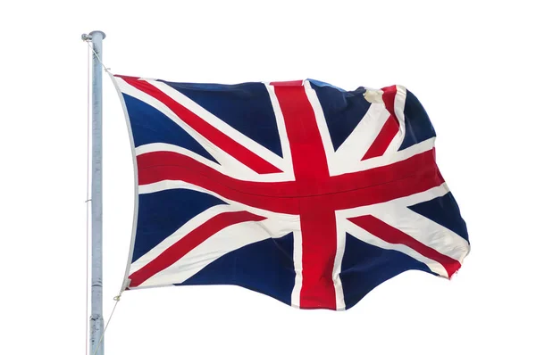 Vlnění britské unie jack vlajka na pólu izolované — Stock fotografie