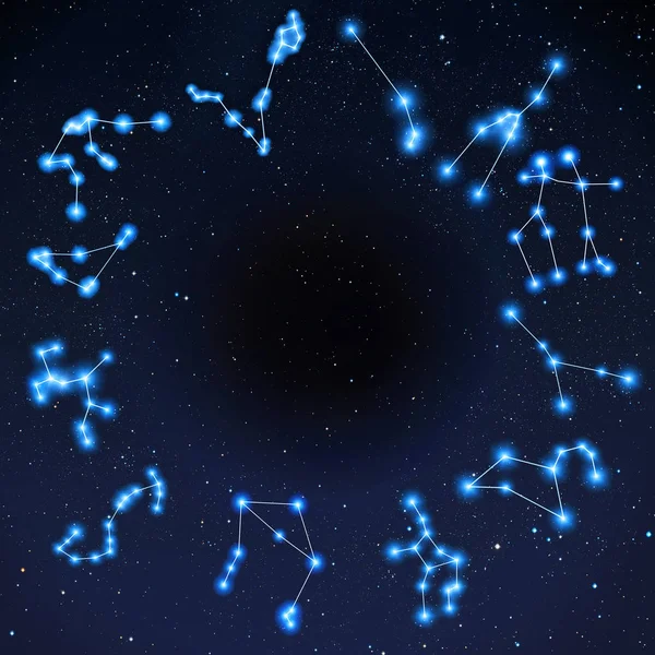 Zodiac constellation arranged at circle on stars field universe