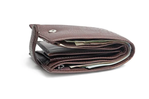 Skórzany portfel z pieniędzmi na białym tle — Zdjęcie stockowe