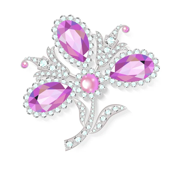 Delicate flower gemstones brooch isolated on white background, v — Stock Vector