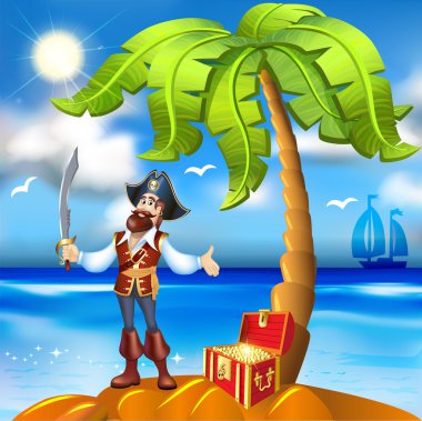illüstrasyon karikatür korsan Adası ve hazine göğüs go ile