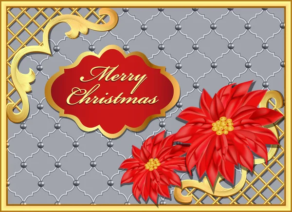 Postkarte Weihnachten Hintergrund mit Blumen und Goldschmuck — Stockvektor