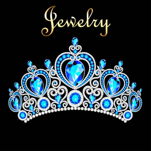 Ilustración corona femenina, tiara, con piedras preciosas azules — Vector de stock