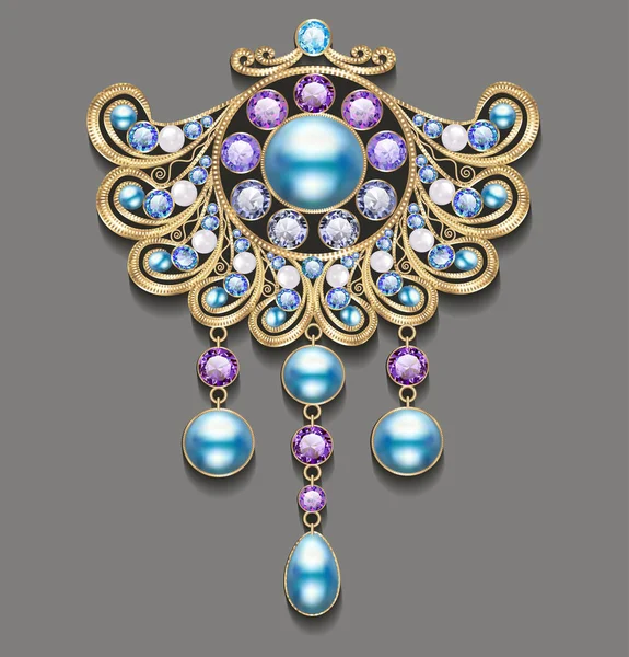 Broche de oro ilustración con perlas y piedras preciosas . — Archivo Imágenes Vectoriales