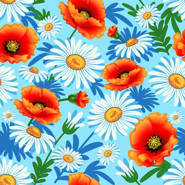 无缝的插图明亮与罂粟和织物的雏菊 — 图库矢量图片