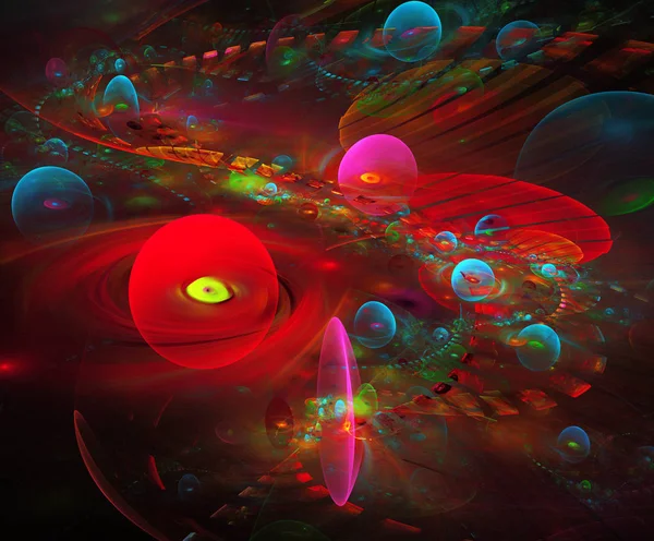 Ilustração de um belo universo fractal brilhante com planetas — Fotografia de Stock