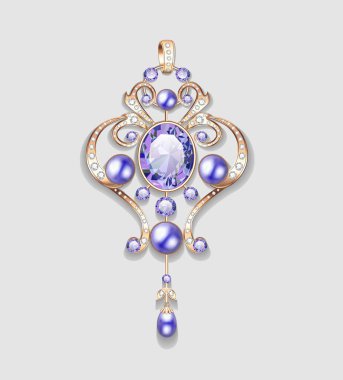 İnci ve değerli taşlar ile illüstrasyon broş. Telkari v