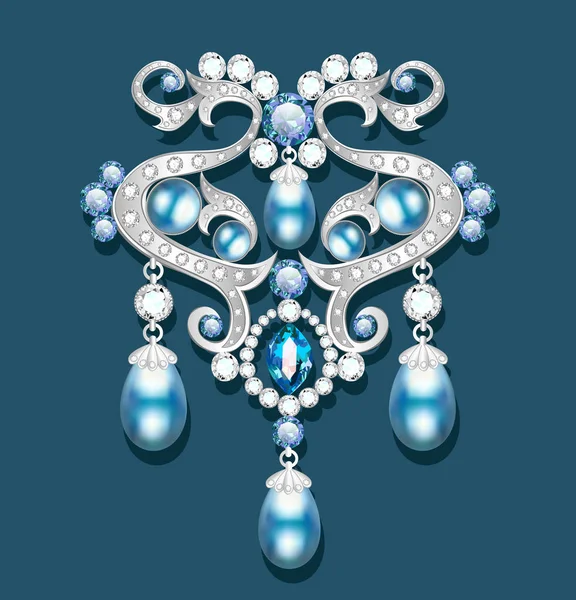 Broche ilustrativo con perlas y piedras preciosas. Filigrana v — Archivo Imágenes Vectoriales