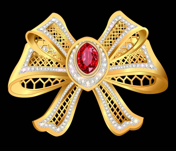 メッシュと宝石の光沢のあるゴールド リボン ブローチのイラスト — ストックベクタ