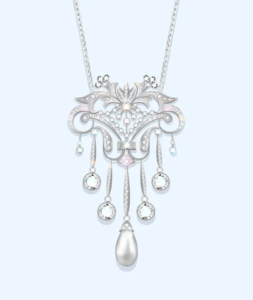 Broche ilustrativo con perlas y piedras preciosas. Filigrana v — Archivo Imágenes Vectoriales