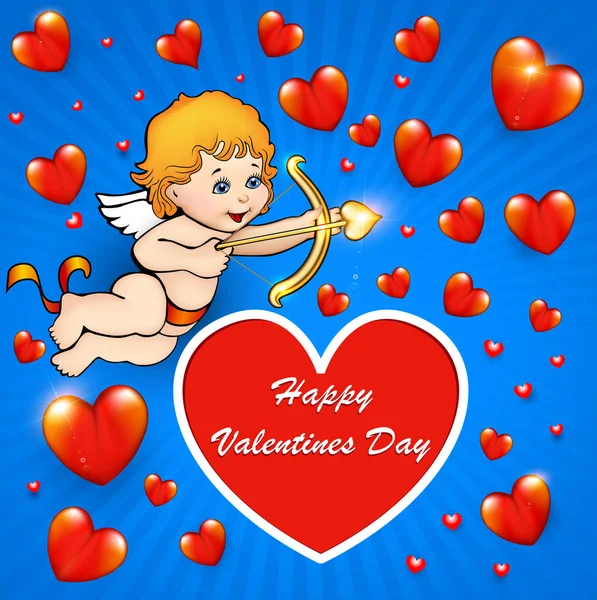 Tarjeta de Ilustración Feliz Día de San Valentín con corazones y cupido — Vector de stock