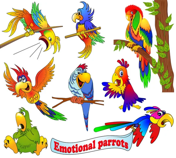 Иллюстрация набора ярких эмоциональных мультяшных попугаев — стоковый вектор