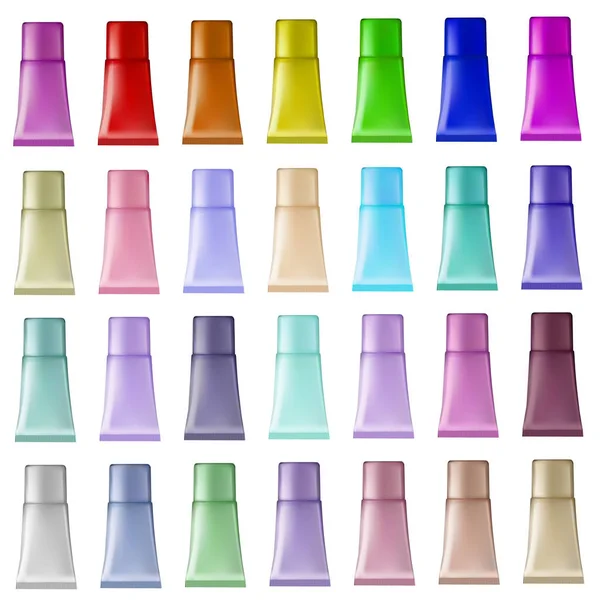 Illustration set of plastic tubes of different colors for cosmet — Stock Vector