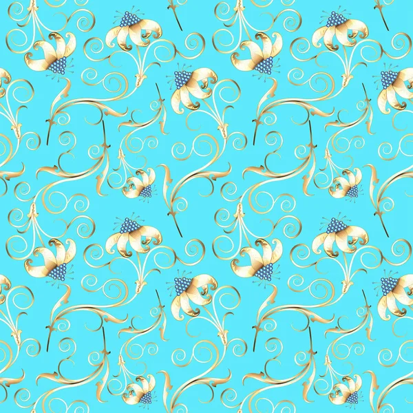 Illustration fond sans couture avec des fleurs d'or et des tourbillons — Image vectorielle