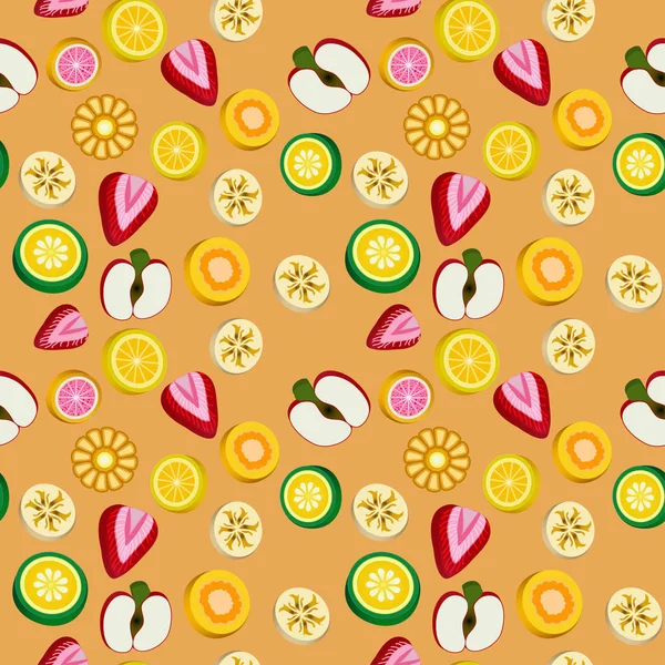 Ilustración fondo sin costuras con caramelos de frutas brillantes — Vector de stock