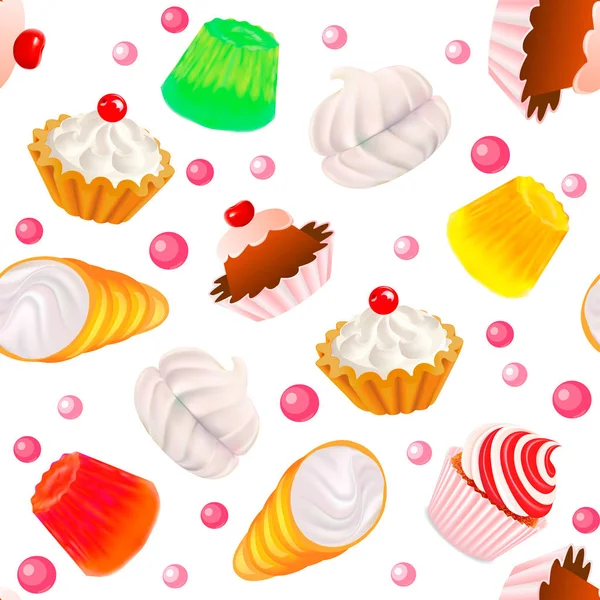 Ilustração fundo sem costura com bolos de frutas, marshmallow , — Vetor de Stock