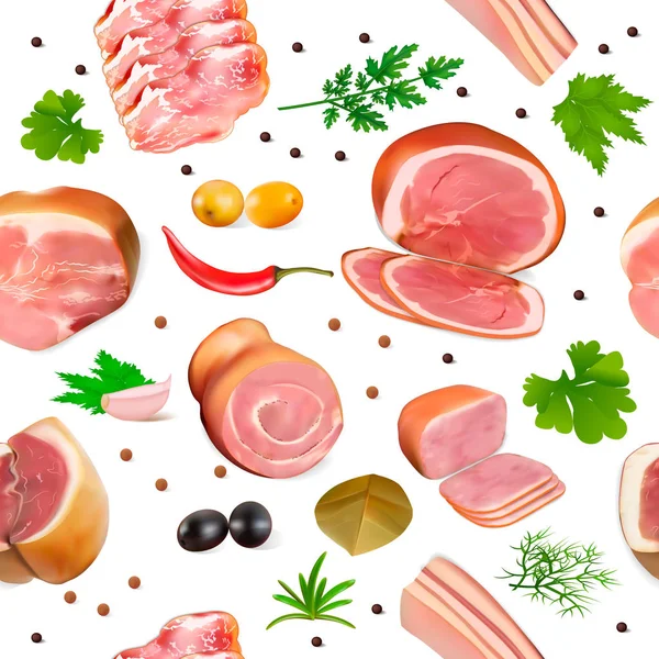 Ilustração fundo sem costura com produtos à base de carne presunto bacon an — Vetor de Stock
