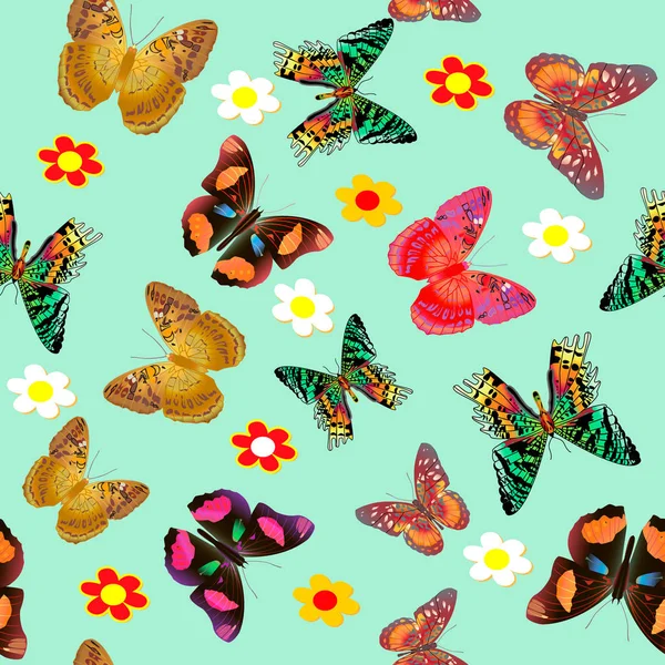 Ilustración verde sin costuras fondo mariposa y flor — Vector de stock