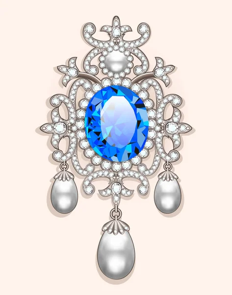 Spilla ad illustrazione con perle e pietre preziose. Filigrana v — Vettoriale Stock