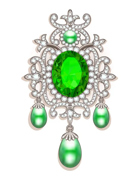 Broche ilustrativo con perlas y piedras preciosas. Filigrana v — Vector de stock