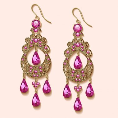 Vintage takı küpe ile pembe değerli ston çizimi