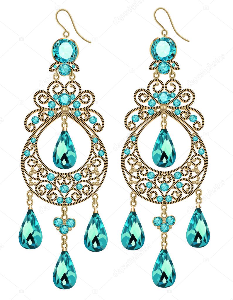 Illustration of vintage jewelry earrings with green gemstone