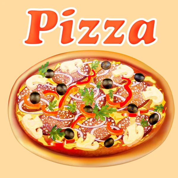 Illustrationsposter frische italienische Pizza mit Pilzen und Wurst — Stockvektor