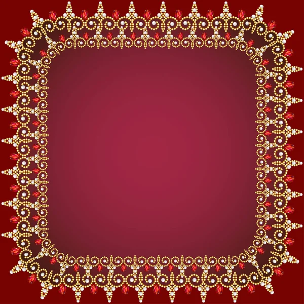 Illustratie van een rode achtergrond frame met parels, gouden ornamen — Stockvector