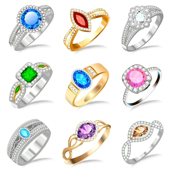 Illustratie ring set met edelstenen op wit — Stockvector