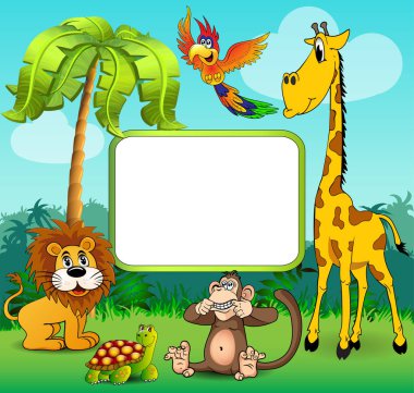Zürafa maymun aslan ve kaplumbağa üzerinde resimde arka plan bir