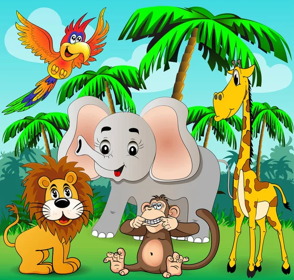 Illustration Hintergrund mit Giraffe Elefant Löwe und Papagei auf — Stockvektor