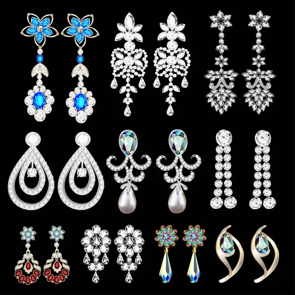Conjunto de ilustrações de brincos de jóias com pedras preciosas — Vetor de Stock