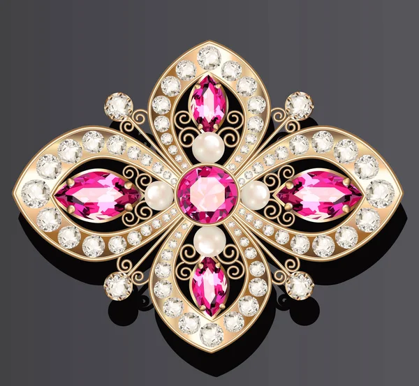 Ilustracja Biżuteria złota broszka z rubinami i perłami — Wektor stockowy