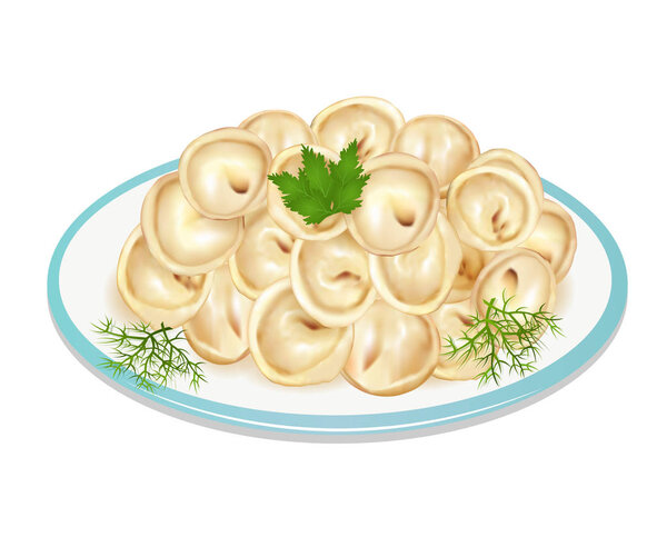 Иллюстрация вареных пельменей на тарелке
