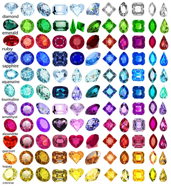 Illustration ensemble de pierres précieuses de différentes coupes et couleurs — Image vectorielle
