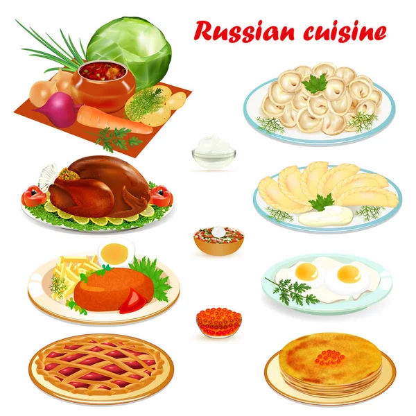 Иллюстрационный набор русской кухни с супом, блины с пельменями — стоковый вектор