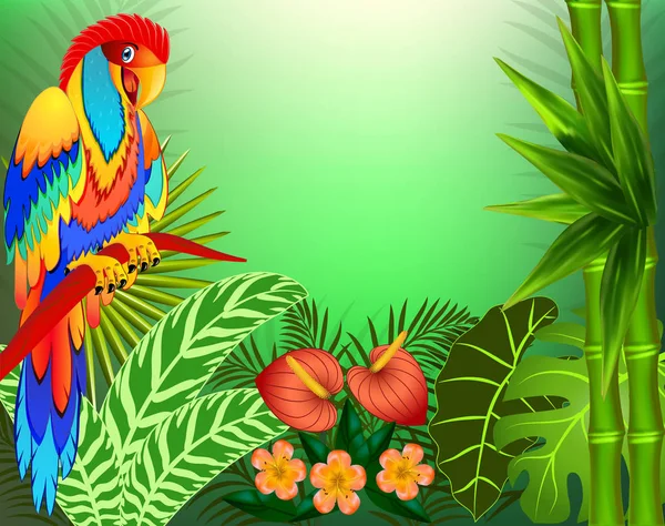 Illustration background with tropical leaves and parrots and pla — Stock Vector