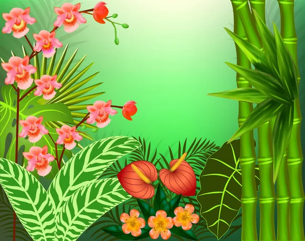 Sfondo illustrazione con foglie tropicali e fiori — Vettoriale Stock