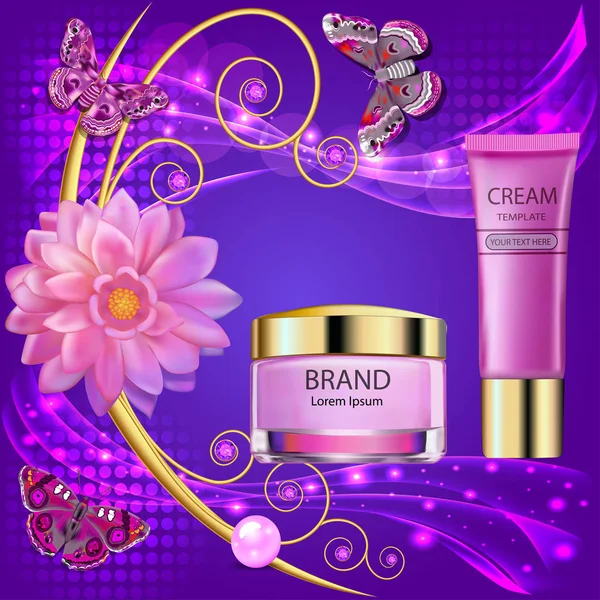 Ilustrasi latar belakang kosmetik dengan bunga krim dan butterfli - Stok Vektor