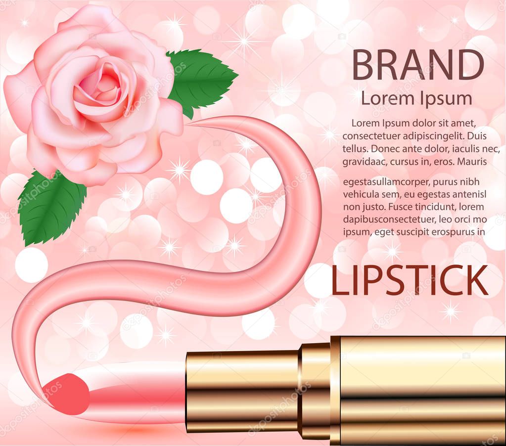 Illustration cosmetic background with lipstick rose and smear fo