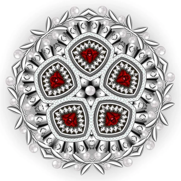 Иллюстрационная брошь с жемчугом и драгоценными камнями. Филигрань V — стоковое фото