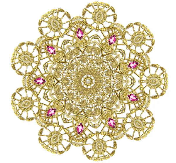 Fraktal einer runden Goldfibel mit Perlen — Stockfoto