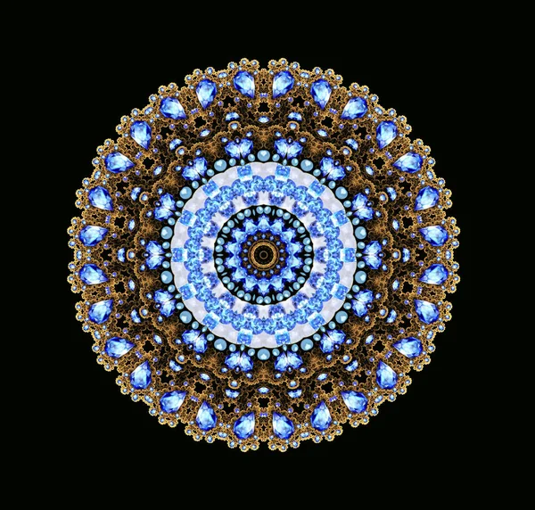 Illustratie fractal gouden broche met blauwe edelstenen — Stockfoto