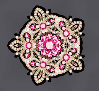 Resimde altın takı broş yakut ve inci ile