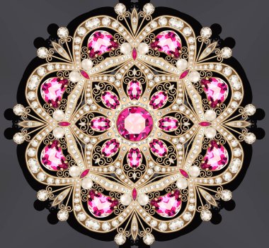 Resimde altın takı broş yakut ve inci ile