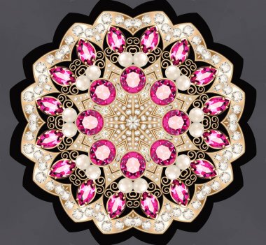 Resimde altın takı broş yakut ve inci ile