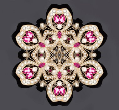 Resimde altın takı broş yakut ve inci ile